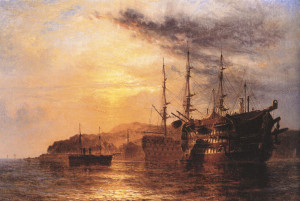 A Three Deck laying by a Hulk with a Steamship heading to shore off the Devonshire coast by Henry Thomas Dawson 